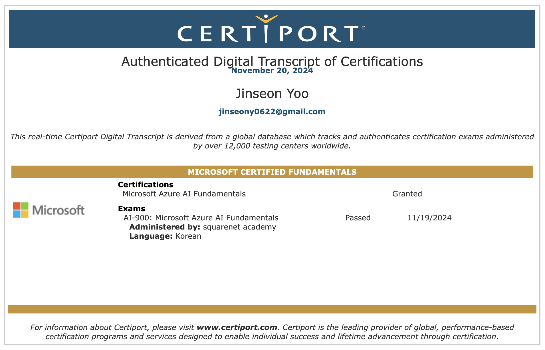Certiport authenticated digital transcript: Microsoft Azure AI Fundamentals